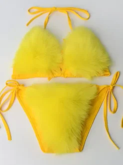 Bikini Swimsuit For Women Rose Faux Fur Summer Sexy Swimming Suits