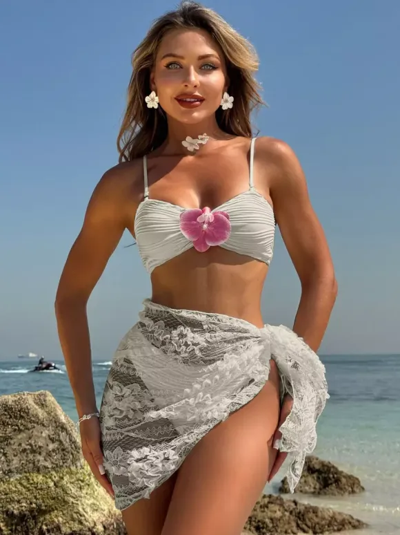 Bikini With Floral Accents And Lace Cover-up For Summer Beach 2026