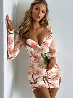 Birthday Bodycon Dress Off White Floral Print Long Sleeves V-Neck Layered Sexy Sheath Wrap Dresses