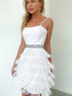 Birthday Party Dress V-Neck Sleeveless Cocktail Mini Dresses With Fringe