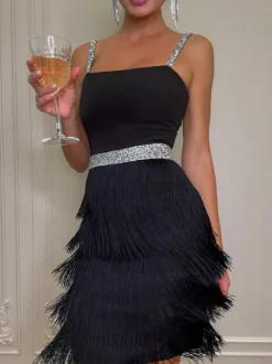 Birthday Party Dress V-Neck Sleeveless Cocktail Mini Dresses With Fringe