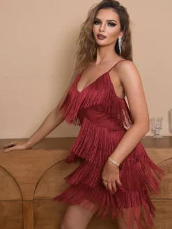 Birthday Party Dress V-Neck Sexy Fringe Sleeveless Backless Short Dresses