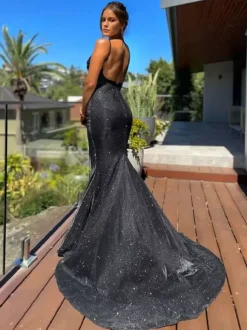 Birthday Party Dresses Blue Straps Neck Sleeveless Backless Prom Long Aquatic Dress