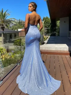 Birthday Party Dresses Blue Straps Neck Sleeveless Backless Prom Long Aquatic Dress