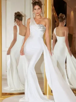 Birthday Party Prom Dresses White One Shoulder Sleeveless Open Shoulder Long Dress