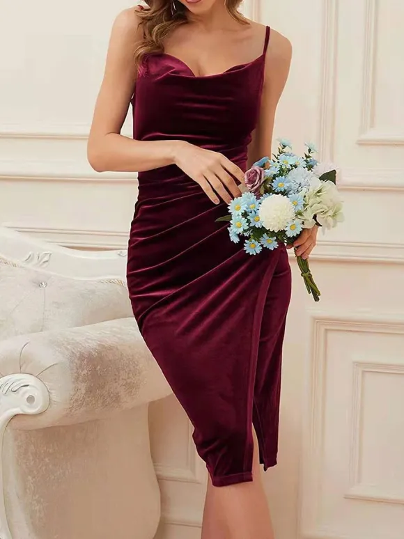 Birthday Party Dresses Burgundy Straps Neck Pleated Sleeveless Low-slit Prom Midi Dress