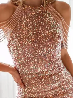 Birthday Party Mini Bodycon Dresses Pink Sleeveless Sexy Jewel Neck Sheath Dress