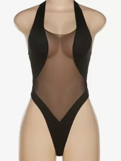 Black 1 Piece Swimsuit Halter Illusion Belly Sexual Beach Swimwear