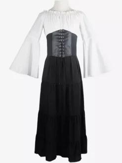 Black Retro Tudor Dress Costumes Lace Up Polyester Color Block Marie Antoinette Costume Dress Women's Retro Set Vintage Clothing Burgundy