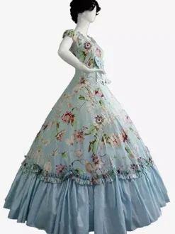 Black Retro Tudor Dress Costumes Bows Polyester Marie Antoinette Costume Floral Print Dress Women's Retro Tunic Vintage Clothing Burgundy