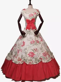 Black Retro Tudor Dress Costumes Bows Polyester Marie Antoinette Costume Floral Print Dress Women's Retro Tunic Vintage Clothing Burgundy