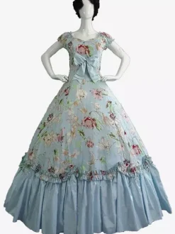 Black Retro Tudor Dress Costumes Bows Polyester Marie Antoinette Costume Floral Print Dress Women's Retro Tunic Vintage Clothing Burgundy