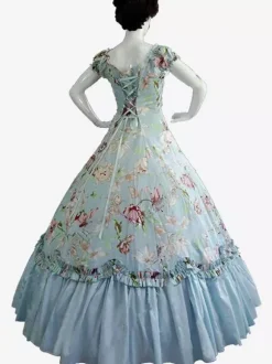 Black Retro Tudor Dress Costumes Bows Polyester Marie Antoinette Costume Floral Print Dress Women's Retro Tunic Vintage Clothing Burgundy