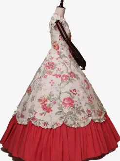 Black Retro Tudor Dress Costumes Bows Polyester Marie Antoinette Costume Floral Print Dress Women's Retro Tunic Vintage Clothing Burgundy
