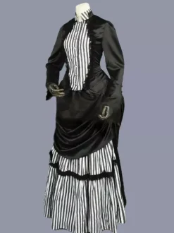 Black Retro Tudor Dress Costumes Ruffles Polyester Stripes Dress Women's Retro Tunic Marie Antoinette Costume Vintage Clothing