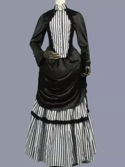 Black Retro Tudor Dress Costumes Ruffles Polyester Stripes Dress Women's Retro Tunic Marie Antoinette Costume Vintage Clothing