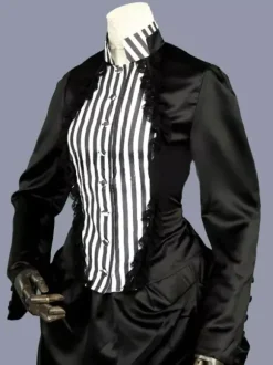 Black Retro Tudor Dress Costumes Ruffles Polyester Stripes Dress Women's Retro Tunic Marie Antoinette Costume Vintage Clothing