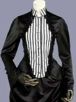 Black Retro Tudor Dress Costumes Ruffles Polyester Stripes Dress Women's Retro Tunic Marie Antoinette Costume Vintage Clothing
