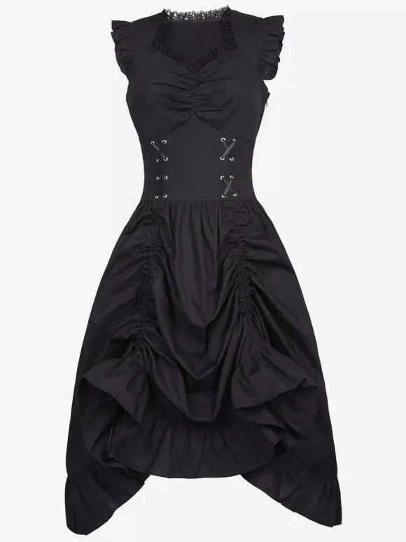 Black Retro Tudor Dress Costumes Lace Polyester Dress Women's Retro Tunic Marie Antoinette Costume Vintage Clothing Burgundy