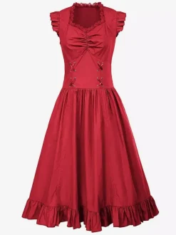 Black Retro Tudor Dress Costumes Lace Polyester Dress Women's Retro Tunic Marie Antoinette Costume Vintage Clothing Burgundy
