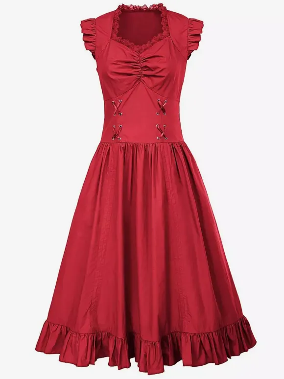 Black Retro Tudor Dress Costumes Lace Polyester Dress Women's Retro Tunic Marie Antoinette Costume Vintage Clothing Burgundy
