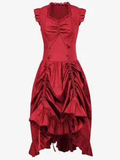 Black Retro Tudor Dress Costumes Lace Polyester Dress Women's Retro Tunic Marie Antoinette Costume Vintage Clothing Burgundy