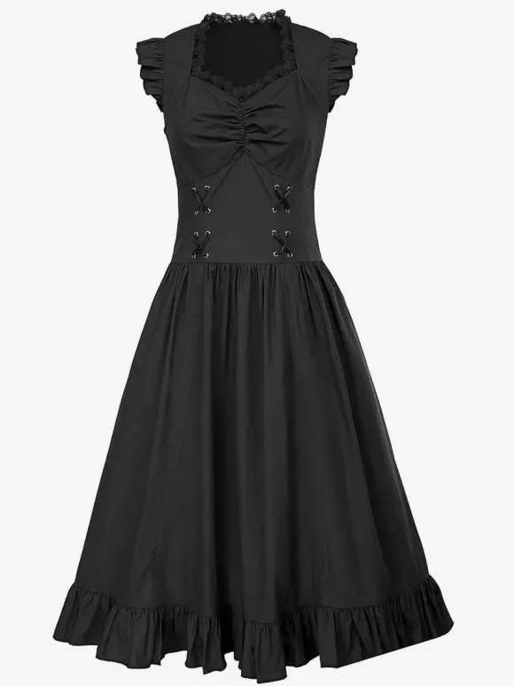 Black Retro Tudor Dress Costumes Lace Polyester Dress Women's Retro Tunic Marie Antoinette Costume Vintage Clothing Burgundy