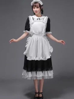 Black Retro Tudor Dress Costumes Women's Ruffles Marie Antoinette Costume Polyester Tunic Headwear Dress Vintage Party Prom Dress