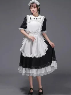 Black Retro Tudor Dress Costumes Women's Ruffles Marie Antoinette Costume Polyester Tunic Headwear Dress Vintage Party Prom Dress