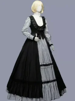 Black Retro Tudor Dress Costumes Ruffles Polyester Stripes Dress Women's Retro Tunic Marie Antoinette Costume Vintage Clothing