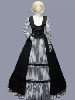 Black Retro Tudor Dress Costumes Ruffles Polyester Stripes Dress Women's Retro Tunic Marie Antoinette Costume Vintage Clothing