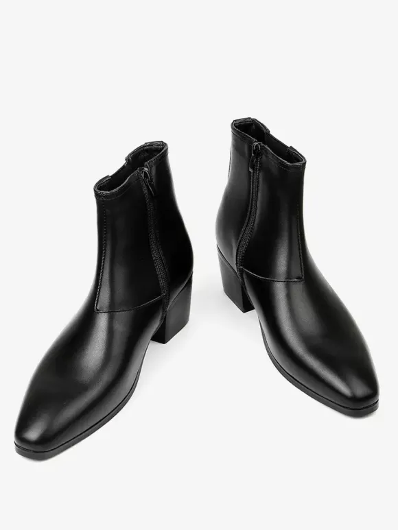 Black Abkle Boots For Men Pointed Toe Chunky Heel Chelsea Boots