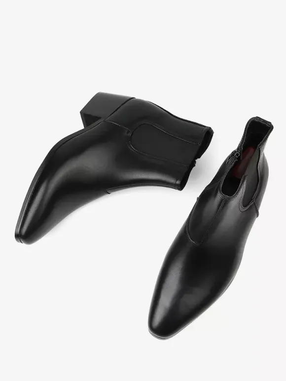 Black Abkle Boots For Men Pointed Toe Chunky Heel Chelsea Boots