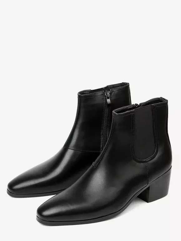 Black Abkle Boots For Men Pointed Toe Chunky Heel Chelsea Boots