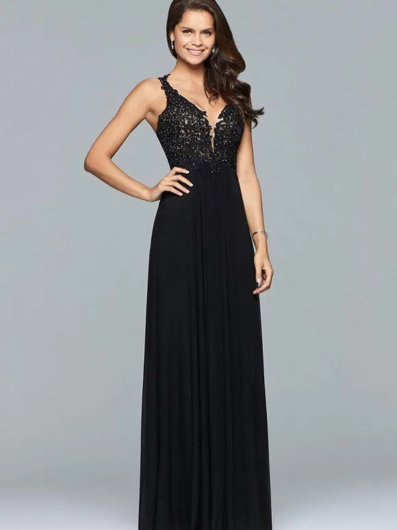 Black A-Line V-Neck Sleeveless Chiffon Sleeveless Long Lace Wedding Guest Dresses Free Customization