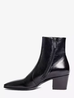 Black Ankle Boots Cowhide Pointed Toe Chunky Heel Dress Shoes