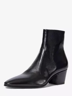 Black Ankle Boots Cowhide Pointed Toe Chunky Heel Dress Shoes