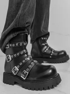 Black Ankle Boots Men's Buckle Detail Combat Boots
