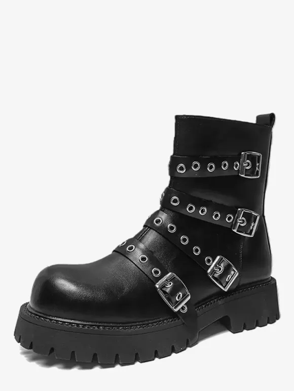 Black Ankle Boots Men's Buckle Detail Combat Boots