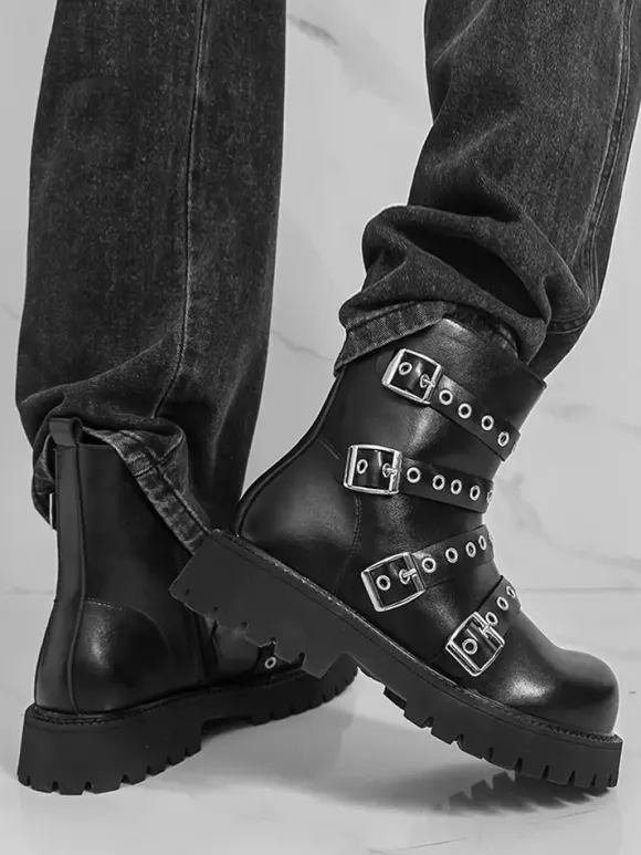 Black Ankle Boots Men's Buckle Detail Combat Boots