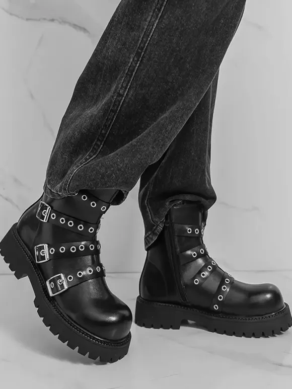 Black Ankle Boots Men's Buckle Detail Combat Boots