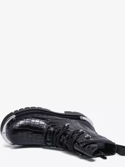 Black Ankle Boots Men's Round Toe Lace Up Stone Pattern Combat Boots