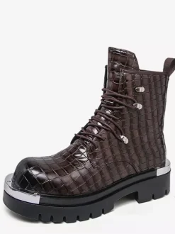 Black Ankle Boots Men's Round Toe Lace Up Stone Pattern Combat Boots