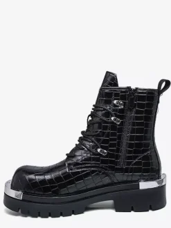 Black Ankle Boots Men's Round Toe Lace Up Stone Pattern Combat Boots
