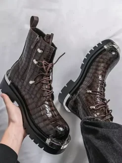 Black Ankle Boots Men's Round Toe Lace Up Stone Pattern Combat Boots
