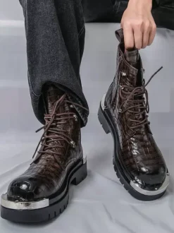 Black Ankle Boots Men's Round Toe Lace Up Stone Pattern Combat Boots