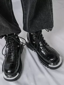 Black Ankle Boots Men's Round Toe Lace Up Stone Pattern Combat Boots