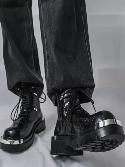 Black Ankle Boots Men's Round Toe Lace Up Stone Pattern Combat Boots