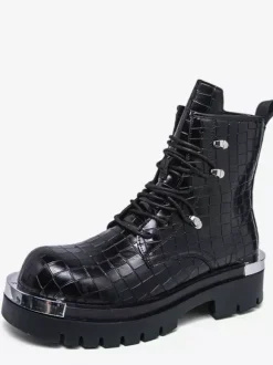 Black Ankle Boots Men's Round Toe Lace Up Stone Pattern Combat Boots