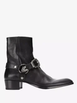 Black Ankle Boots Men's Round Toe Buckle Detail Chunky Heel Moto Boots